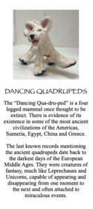 Each “Dancing Quadruped” is handmade and completely unique. Each comes with a “Sleeping Pouch”, a furry blanket and a tiny story brochure. There are dozens in stock at any one time. Please contact the artist and photos and pricing as to what is available will be sent.