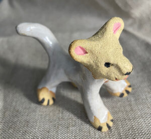 Each “Dancing Quadruped” is handmade and completely unique. Each comes with a “Sleeping Pouch”, a furry blanket and a tiny story brochure. There are dozens in stock at any one time. Please contact the artist and photos and pricing as to what is available will be sent.